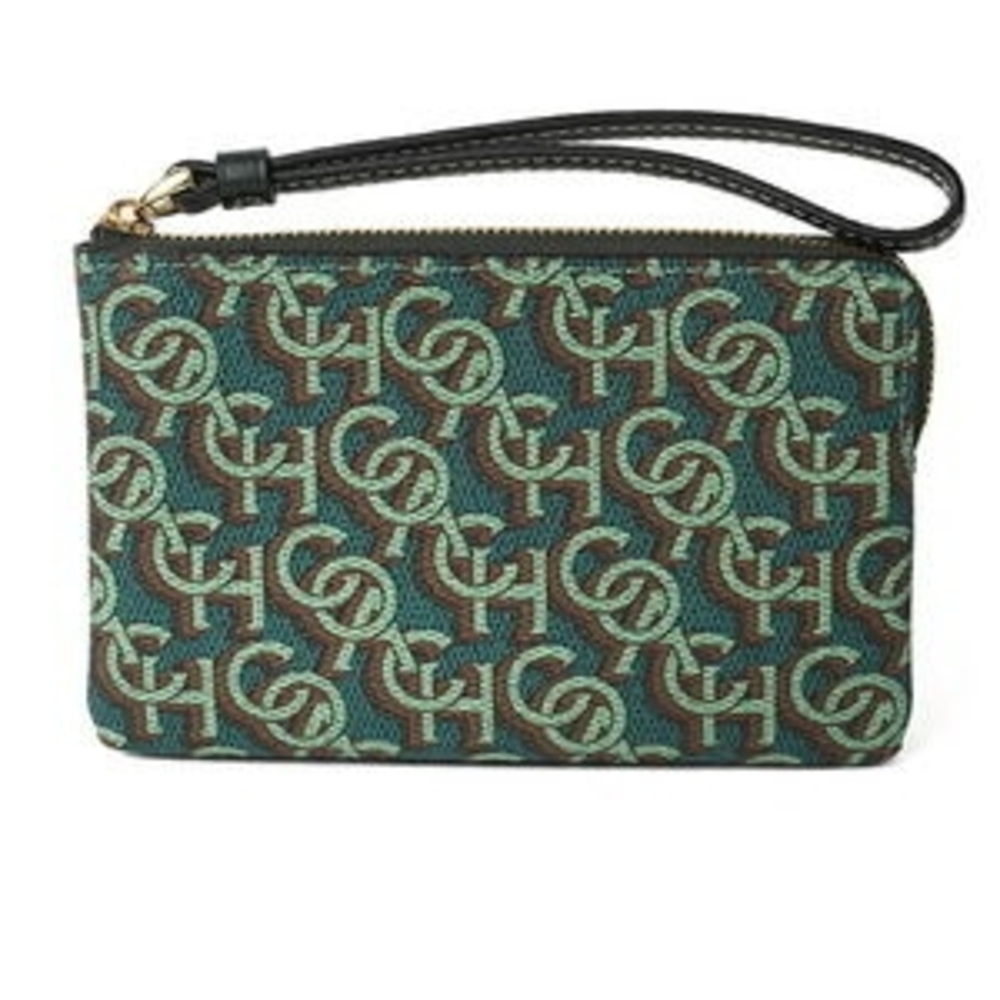 Coach NWT Green and Brown Patterned Wristlet Gold Hardware